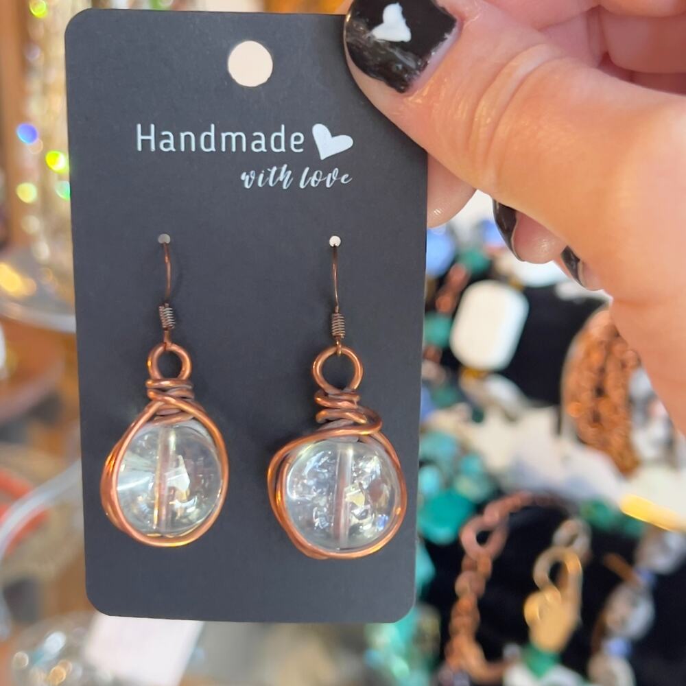 Artisan Made Copper Crackle Quartz Dangle Drop Earrings Handmade OOAK